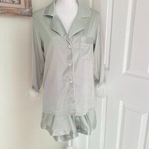 2-Piece Pajama Short Set Sz Small Silky Light Green 3/4 Sleeves Boa Trim